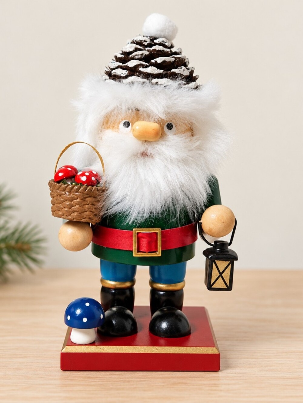 Woodland Christmas Gnome Figurine Pinecone Hat Mushroom Basket Lantern Decor